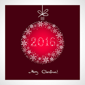 圣诞快乐，快乐新的一年 2016年。雪花程式化红色的球。季节贺卡模板
