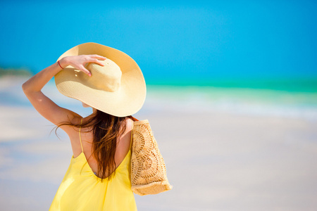 后面的观点的大帽子在热带海滩度假期间的女人