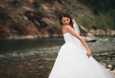 在长长的白色结婚礼服和婚纱站在河边，山是在背景上漂亮豪华年轻的新娘
