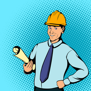 建筑师工人概念,漫画风格照片
