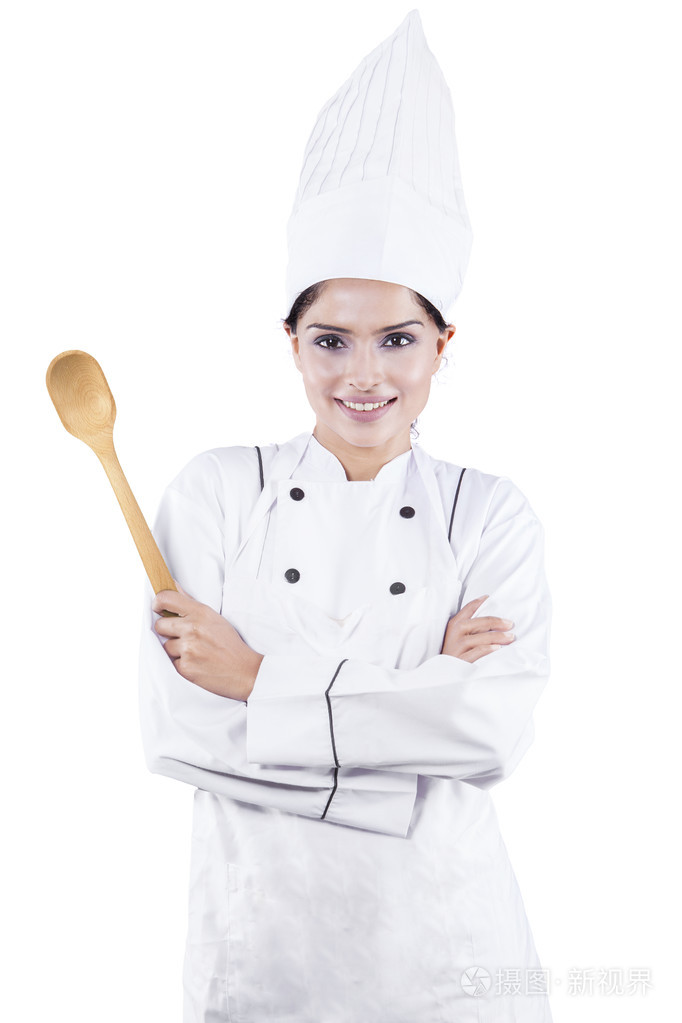 女厨师用勺子在演播室照片-正版商用图片1me317-摄图新视界