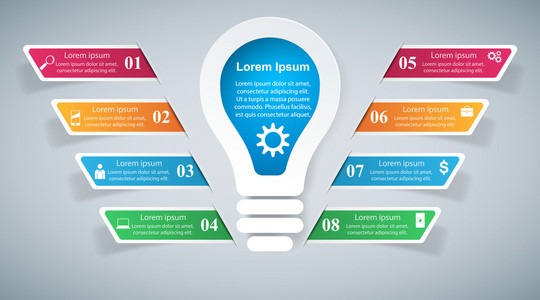 信息图表设计模板和营销图标。灯泡图标。光源图标