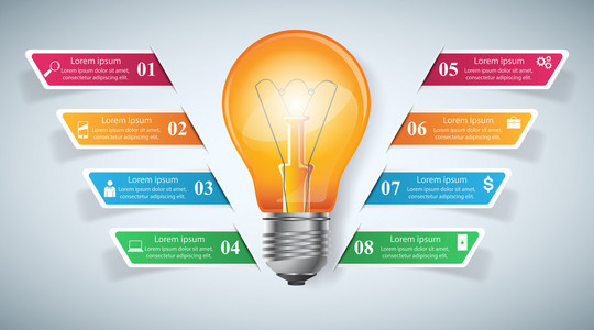 信息图表设计模板和营销图标。灯泡图标。光源图标