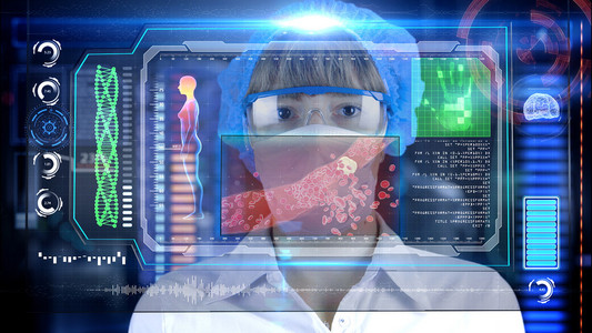 未来派的平视显示器屏幕平板电脑的医生。堵塞的动脉胆固醇斑块。医学概念的未来