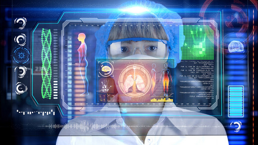 未来派的平视显示器屏幕平板电脑的医生。肺 支气管。医学概念的未来