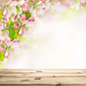 花朵盛开的苹果树的木桌上模糊背景