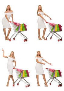女人在购物上白色孤立的概念