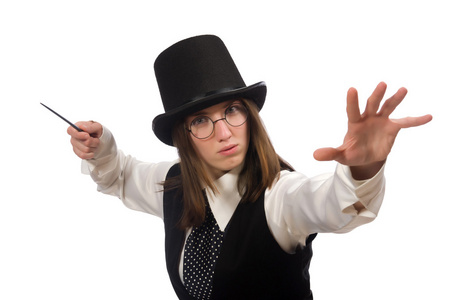 孤立在白色的女魔术师照片