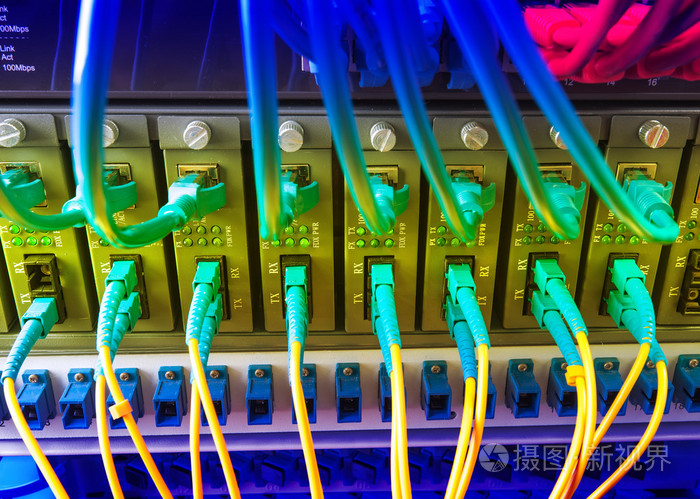 纤维光缆连接到光纤端口和网络电缆