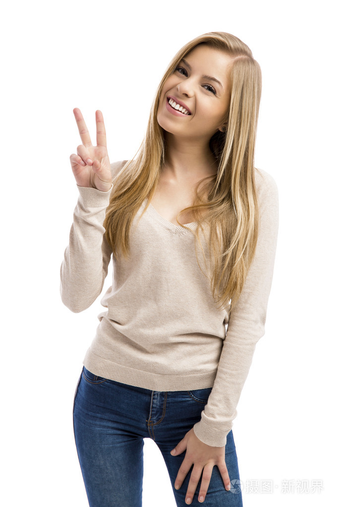 幸福的女人手势胜利的手势