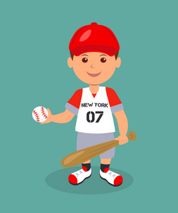 开朗的男孩棒球选手的球拍和球。红色的棒球服与球拍和球在他手中的孤立的人性格