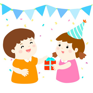 小女孩送礼物给党矢量的男孩照片