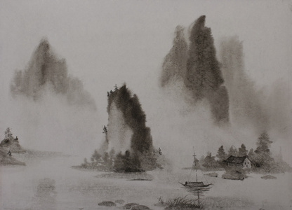 中国画山水和一条船图片