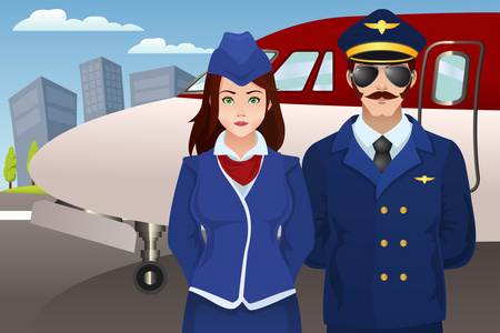 飞行员和乘务员在飞机前