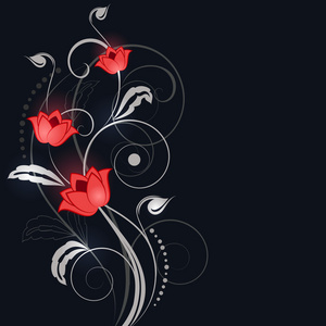 抽象的黑色背景下有白色和红色的花装饰