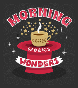 每天早上喝咖啡创造奇迹。咖啡在早上的励志短语。手刻字海报