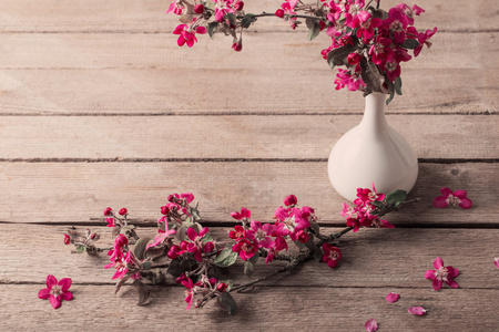 粉色木制背景上的花瓶里的花
