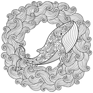 手绘鲸鱼在波浪中的抗应激的着色页照片
