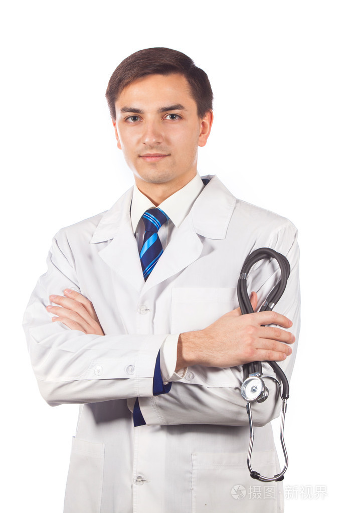 医疗保健, 职业, 人和医学的概念 —— 微笑在白大褂的男医生