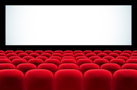 有行红色的座椅，空白屏幕电影院礼堂