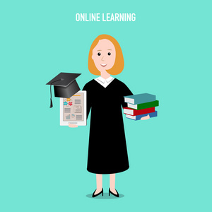 在线学习理念和毕业的女人举行计算机