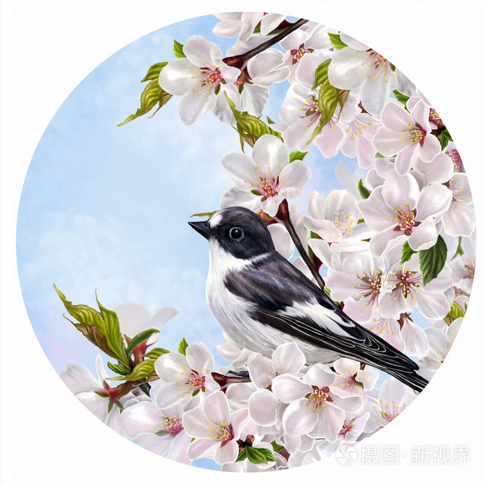 圆形的. 一只盛开的粉红色树枝上的黑色小鸟