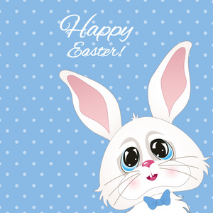 矢量假日背景与可爱的小兔子，文本复活节快乐。闪亮的卡通兔是面带笑容的卡片。幼稚的背景