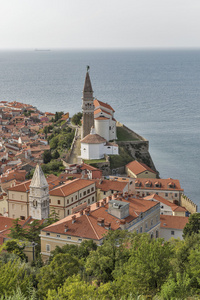 Piran 旧城区市容，斯洛文尼亚。鸟瞰图