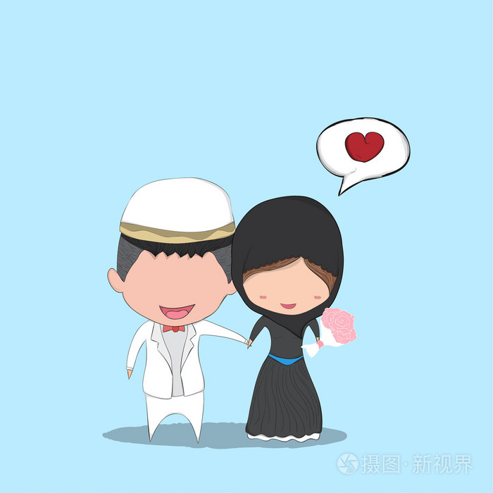 可爱的卡通婚礼情侣男女伊斯兰婚姻可爱的v