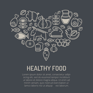 矢量插图与概述的食物图标形成心脏sh