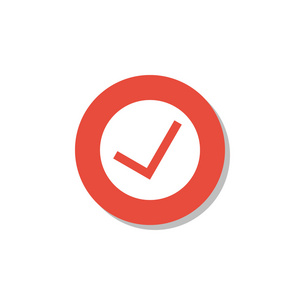 接受上白色背景, 红色圆圈边界, 白色 outli 的图标是的打勾平面矢量