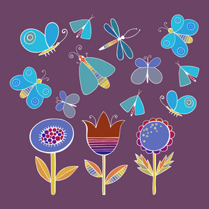 可爱的卡通昆虫组。蝴蝶和花朵。孤立。矢量图