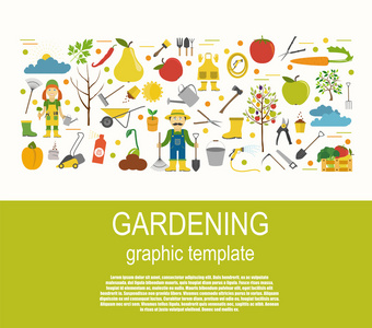 园艺工作，农业信息图表。图形模板。平板式服务