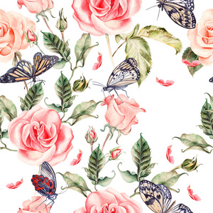 与水彩的现实玫瑰 牡丹 蝴蝶图案