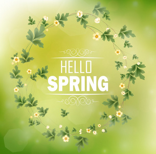 圆环花卉框架与文本你好春天和散景背景