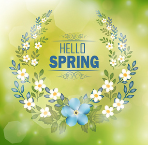 与文本你好春天和散景背景花卉框架