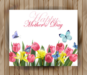 母亲一天的概念。贺卡与盛开的春天的花朵，粉红色的郁金香 水仙和蝴蝶。矢量模板