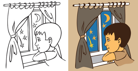 望月亮男孩望窗外在晚上照片