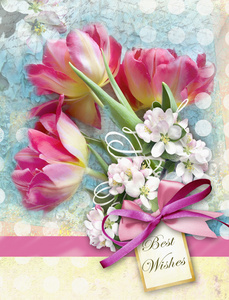 红色郁金香花束精美的明信片结束其他有粉红色蝴蝶结的春天的花朵。节日花卉背景