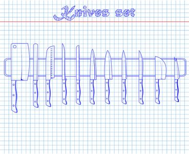 套上用钢笔绘制磁铁厨房刀具
