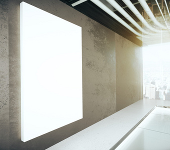 在现代的空房间里，3d 墙上的空白发光海报呈现