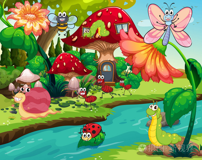 不同的昆虫飞行在河边