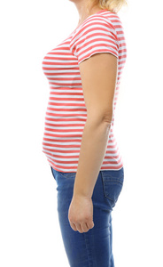 s body in pink teeshirt and jeans isolated on white