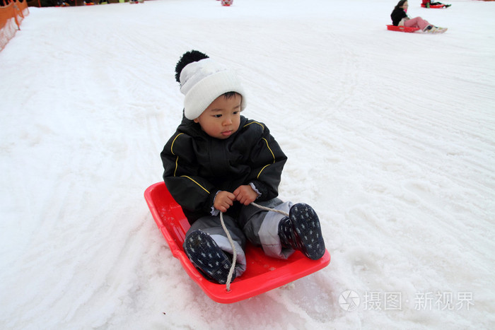 雪橇上的日本男孩(2岁)照片-正版商用图片1mic6p-摄图新视界