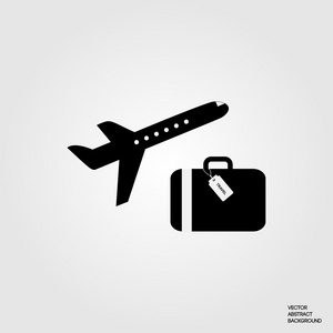 飞机。飞机。手提箱。旅行。剪影的手提箱。剪影平面