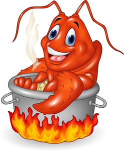 卡通搞笑龙虾被煮在锅里