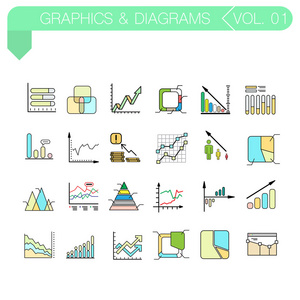 一组矢量颜色图标的图形和图表