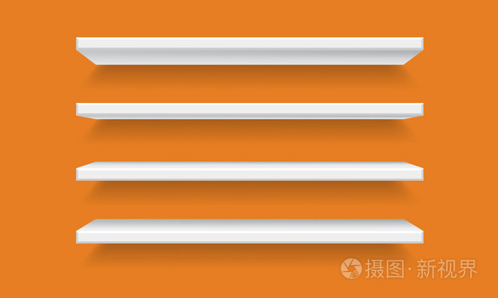 矢量白色空货架货架孤立在橘黄色的背景墙上