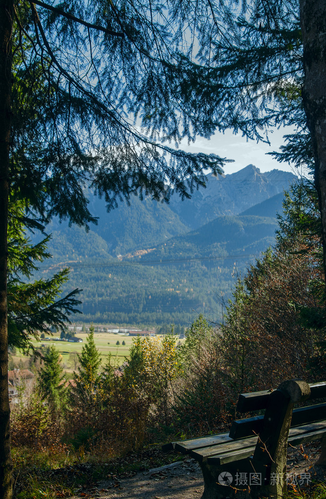 秋天的树林的山景色的长凳上