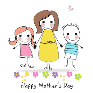 母亲节快乐一天贺卡卡通孩子与母亲矢量图照片